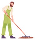 Man raking ground. Soil work gardener tool