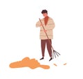 Man raking heap of autumn leaves use rake vector flat illustration. Male sweeping fall dry yellow foliage tidying Royalty Free Stock Photo