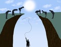 A man in a ravine who needs help to get out throws a rope toward people above who make no effort to help