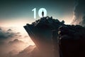 Man reaching mountain summit with number 10 on top. Royalty Free Stock Photo