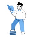 Man read book. Hobbies and education. Linear male character in blue clothing.