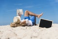 Man read book relax summertime hammock hipster young handsome man vacation on the beach. Man lying down on summer beach straw hat Royalty Free Stock Photo