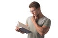 Man Reading Big Book Isolated on White Background Royalty Free Stock Photo