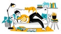 Man reading book on couch. Relaxed adult reads on sofa with cat at home. Hand drawn reader enjoying hobby. Leisure Royalty Free Stock Photo