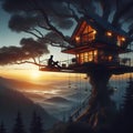 man treehouse sunset Royalty Free Stock Photo