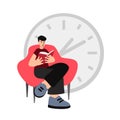 Man reading book and laughing while sitting on sofa in library against background of clock isolated vector Royalty Free Stock Photo