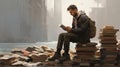 Man reading book while sitting on pile of books Royalty Free Stock Photo