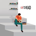 Man Reading Book and Sitting on Stairs.