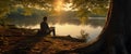 Man reading a book while sitting under the tree by the lake at the public park for recreation, leisure and relaxation in