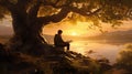 Man reading a book while sitting under the tree by the lake at the public park for recreation, leisure and relaxation in