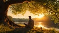 Man reading a book while sitting under the tree by the lake at the public park for recreation, leisure and relaxation in