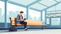 a man reading a book at the train station. minimalist flat cartoon