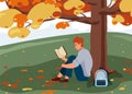 Man reading book vector background. Male character comfortable sitting on the grass under big tree with backpack and Royalty Free Stock Photo