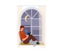 Man reading book vector background. Male character comfortable sitting on a windowsill with cat pet and read literature Royalty Free Stock Photo