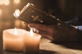 Man reading the Holy Bible and praying in the Church Royalty Free Stock Photo