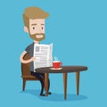 Man reading newspaper and drinking coffee.