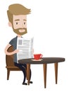 Man reading newspaper and drinking coffee.