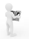 Man reading newspaper on white isolated background