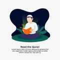 Man reading the quran and illuminated with light of holy book vector illustration. ramadan activity with leaf and glower Royalty Free Stock Photo