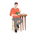 Man reads book in cafe, coffee cup on table vector