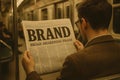 Man reads newspaper on train emphasizing a brand awareness campaign, viewed from behind Royalty Free Stock Photo