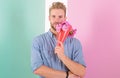 Man ready for date bring pink flowers. Guy bring romantic pleasant gift waiting for her. Best flowers for her. Boyfriend Royalty Free Stock Photo