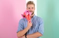 Man ready for date bring pink flowers. Guy bring romantic pleasant gift waiting for her. Best flowers for her. Boyfriend Royalty Free Stock Photo