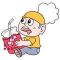 A man ready to break his fast holding ice in a very fresh glass. doodle icon image kawaii