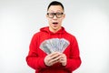 Man received a cash prize on a white background with copy space Royalty Free Stock Photo