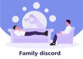 The man on reception at pyschology about family discord with his wife. pyschology concept. Vector illustration in a flat