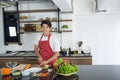 Man in red apron cooking delicious and healthy food in the loft kitchen at home kitchen. Preparing vegetable salad Royalty Free Stock Photo