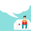 Man with red book siting on sofa with apple and big speech bubble. creative student