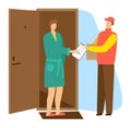 Man red cap delivers package woman green robe signing clipboard home doorway. Delivery service