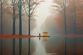 A man in a red cloak in foggy gloomy park, autumn background. Generative AI Royalty Free Stock Photo