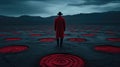 A man in a red cloak standing in a field of circles. Generative AI image.