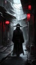 A man in a black coat and hat walking down a street. AI generative image.