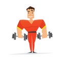 Man in red with dumbbells on white background. Royalty Free Stock Photo