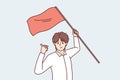 Man with red flag in hand makes victory gesture showing leadership qualities and motivating people