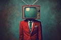 A man in a red jacket with a television head, in the style of the 1970s. Generative AI Royalty Free Stock Photo