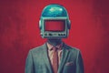 A man in a red jacket with a television head, in the style of the 1970s. Generative AI Royalty Free Stock Photo