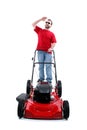 Man With Red Lawn Mower Over White Royalty Free Stock Photo