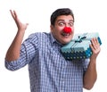 Man with a red nose funny holding a shopping bag gift present is