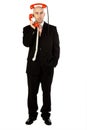 Man with red phone handsets