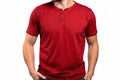 Man in red polo tshirt, isolated on white background, Male model wearing a royal red color Henley tshirt on a White background,
