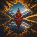 A man in a red robe meditating in front of a mountain lake. generative ai