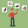 Man in red shirt shopping on-line different goods like groceries, shoes and meats. Colored flat-style illustration on