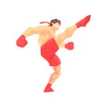 Man In Red Shorts And Gloves Thai Boxing Martial Arts Fighter, Fighting Sports Professional In Traditional Fighting