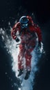 A man in a red snow suit is flying through the air. AI generative image.