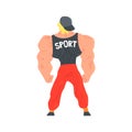 Man In Red Sportive Pants And Cap Bodybuilder Funny Smiling Character On Steroids Demonstrating Muscles As Strongman