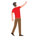 A man in a red t-shirt stands with his back to us and stretches his hand high up, isolated object on a white background, vector